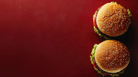 Double burger on a dark red background, with generous empty space for custom text or extra images.の素材