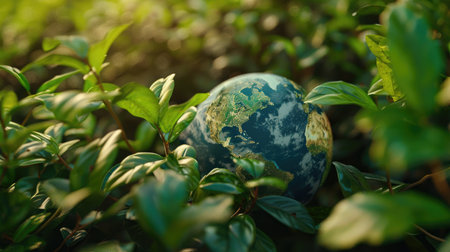 The planet encompassed by green leaves, emphasizing the theme of global environmental stewardshipの素材