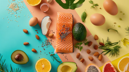 Colorful composition of keto-friendly ingredients - salmon, avocado, eggs, nuts, and seeds - arranged against a vibrant backdrop, providing an appealing visual for dietary and nutritional content.の素材