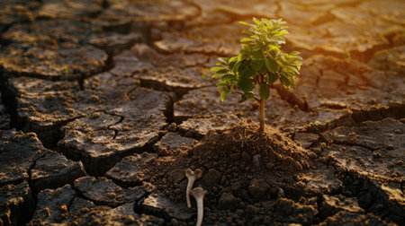A strong young tree growing in dry, cracked soil with animal bones scattered around, symbolizing resilience and survival.の素材