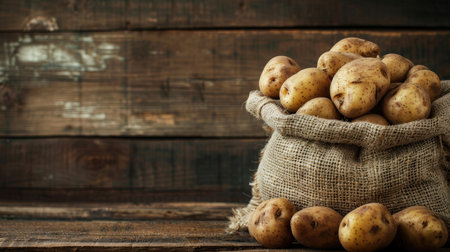 Raw potatoes arranged in a burlap sack against a rustic wooden backdrop, offering a charming setting for conveying your message or advertising your brand.の素材
