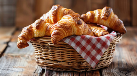 A basket filled with warm croissants, wrapped in a checkered cloth, set on a rustic wooden tableの素材