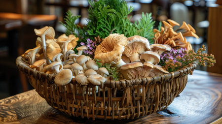 Eye-catching arrangement of fresh porcini mushrooms, sesame mushrooms, and flavorful herbs and spices nestled in a charming basket, adding an artistic touch to a rustic wooden setting.の素材