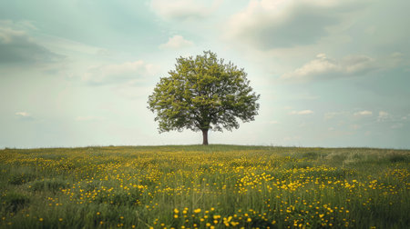 Serene scene of a solitary tree standing tall in an open field, portraying tranquility and natural harmony.の素材