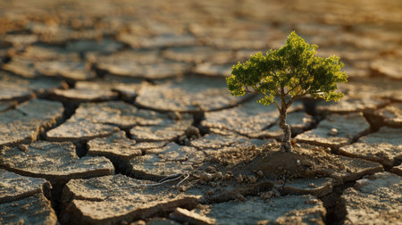 Young tree thriving in dry, cracked earth with animal bones nearby, showcasing nature's determinationの素材