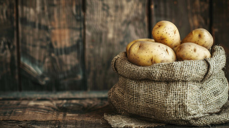 Close-up of raw potatoes nestled in a vintage burlap sack against a textured wooden backdrop, offering a charming setting for your custom messageの素材