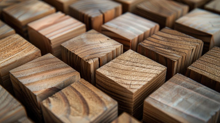 Close-up of wooden blocks grouped in clusters of 3-5, providing ample room within each block for embedding personalized text or logos.の素材