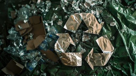 Green recycling emblem encompassing recyclable items such as aluminum foil and cardboard packaging, advocating for waste reduction and recycling initiativesの素材