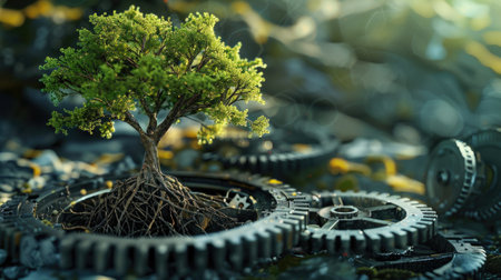 Rotating gears transitioning into a thriving tree, emphasizing sustainable development and innovation.の素材