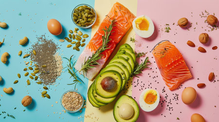 Wholesome keto meal ingredients beautifully presented against a colorful backdrop, highlighting the benefits of including salmon, avocado, eggs, nuts, and seeds in the diet.の素材