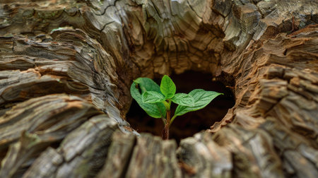 Small green plant growing inside the hollow of a dead tree, illustrating nature's resilience and rebirth.の素材