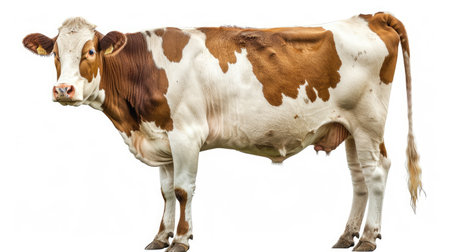 Beautiful white-brown cow isolated on a pristine white backdrop, showcasing the elegance and gentle demeanor of farm lifeの素材