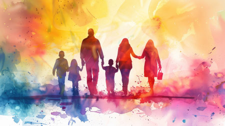 Family silhouette: Parents and children walking away in a beautifully abstract watercolor art concept, highlighting family bondsの素材