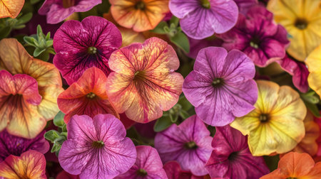 Captivating close-up of Petunia Wave Sweetheart blooms, their colorful petals radiating with energy and vitalityの素材