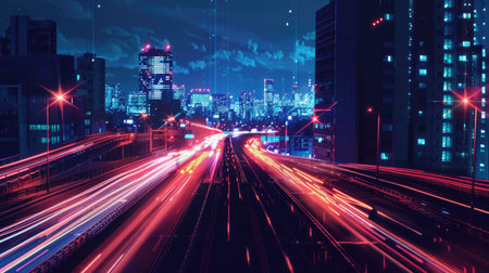 Highway to the city: Nighttime city highway with glowing headlights and dynamic light trails, culminating in a towering skylineの素材