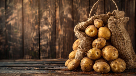 Vibrant image of raw potatoes piled in an aged sack on a wooden surface, offering an authentic backdrop for your custom text or promotional content.の素材