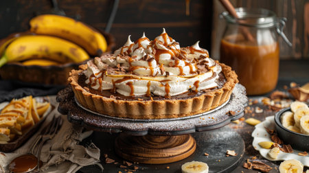 A beautifully decorated Banoffee Pie on a dessert stand, surrounded by fresh bananas and a jar of caramel sauce.の素材
