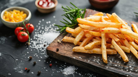 Delicious french fries served on a wooden board, offering a tasty snack for casual dining concepts.の素材
