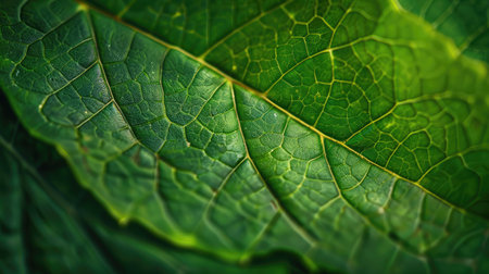 Macro view of a green leaf surface, revealing the intricate texture and vibrant veins, ideal for a fresh, nature-themed backgroundの素材