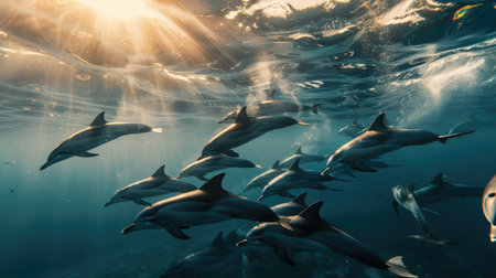 Captivating dolphin pod swimming gracefully in unison, their synchronized movements a mesmerizing spectacle of underwater harmonyの素材