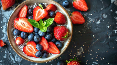 A bowl of chia pudding topped with fresh strawberries and blueberries, representing a healthy breakfast optionの素材