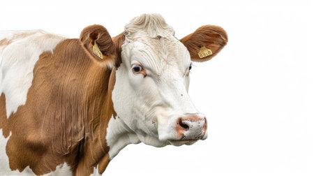 Majestic white-brown cow standing gracefully, isolated against a clean white background, exuding rural charm and tranquilityの素材