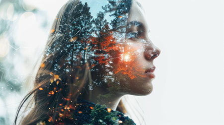 Young woman in double exposure with a futuristic internet communication concept, blending nature and technology to symbolize digital integration and connectivityの素材