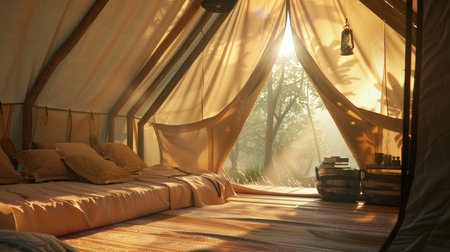 Intimate and serene tent interior with warm sunlight pouring in from a rolled-up window, casting a glow on the cozy and simple arrangementの素材