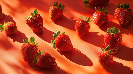 Juicy strawberries arranged against a rich orange backdrop, evoking the warmth and sweetness of a summer harvestの素材
