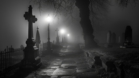 A haunting image of a mist-covered cemetery path at night: eerie tombstones and fog create an atmosphere of suspense and solitude.の素材
