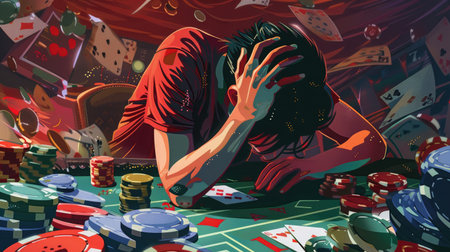 Addiction's toll: A troubled gambler with head in hands, surrounded by casino elements, depicting the harsh reality of gambling addictionの素材