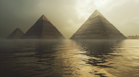 Evocative shot of Egyptian pyramids with the Nile flooding, capturing the ancient marvels in a serene natural settingの素材