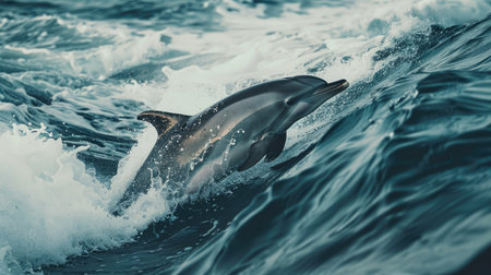 Energetic dolphin frolicking in the sea, its sleek body cutting through the waves with boundless vitalityの素材