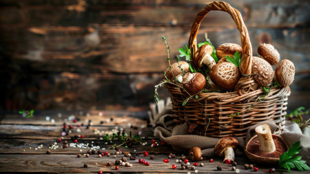 A rustic basket filled with fresh porcini mushrooms, sesame mushrooms, and aromatic herbs and spices, arranged artfully on a wooden table.の素材