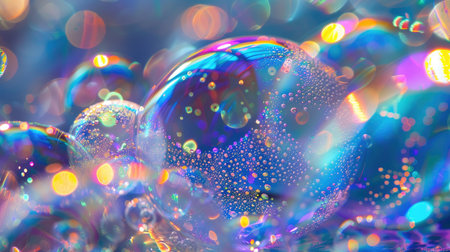Bubble illumination: Close-up of soap bubbles glowing with radiant light, forming an abstract background filled with iridescent huesの素材