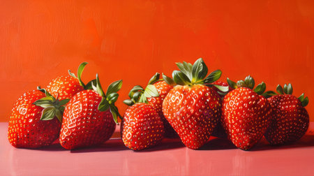 Juicy strawberries arranged against a rich orange backdrop, evoking the warmth and sweetness of a summer harvestの素材