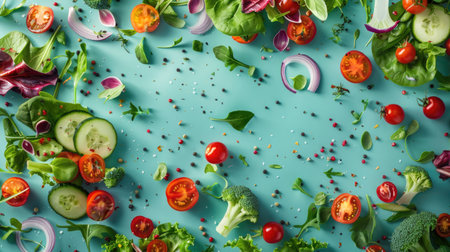 Vibrant vegetable salad elements cascading against a soothing teal background, inviting a taste of nature's bounty and culinary creativityの素材