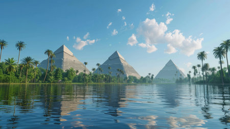 Ancient Egyptian pyramids standing tall amid lush greenery and flooded Nile waters under a clear blue skyの素材