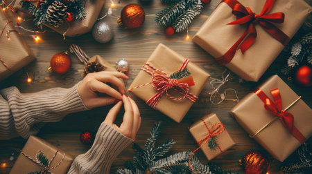 Woman's hands carefully tying ribbons on Christmas gift boxes, with scattered unprepared presents and seasonal decorations on a cozy table, illustrating a festive DIY packing sceneの素材