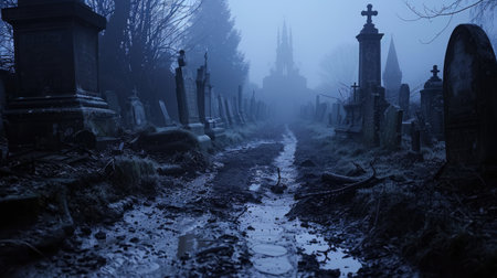 An eerie night scene in an abandoned cemetery: a muddy path disappears into mist, surrounded by dark tombstones and fogの素材