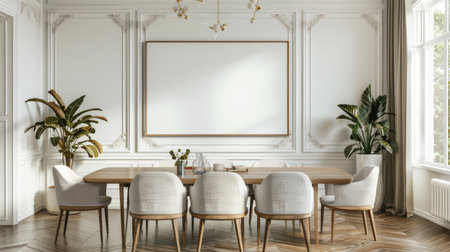 Elegant dining room with a blank picture frameの素材
