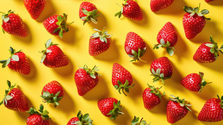 Vibrant strawberries arranged on a sunny yellow background, radiating freshness and the promise of delightful tasteの素材