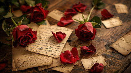 Nostalgic romance: Roses and vintage love letters scattered on a table, evoking memories of past love and heartfelt momentsの素材