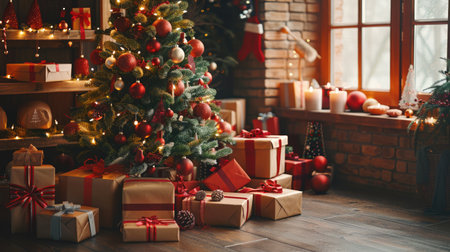 Joyful Christmastime celebration with a beautifully decorated tree surrounded by gift boxes, embodying the spirit of holiday giving and festive joyの素材