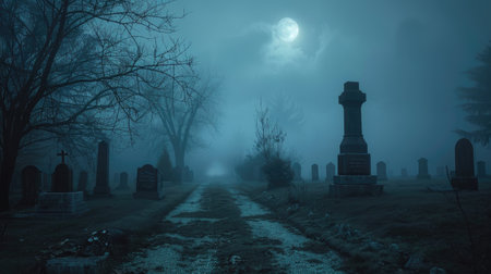 A chilling view of a foggy, moonlit cemetery path: shadows and mist shroud abandoned graves under a dark, mysterious skyの素材