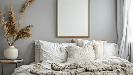 Cozy bedroom setup with a blank picture frame on the wallの素材