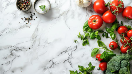 Top view of a clean kitchen counter with fresh vegetables, ideal for recipe textの素材