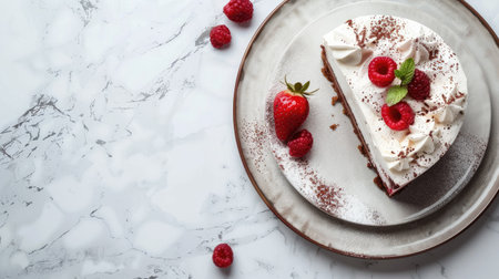 Delicious dessert on a plate with space for textの素材