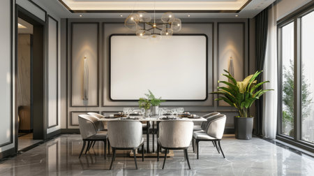 Elegant dining room with a blank picture frameの素材