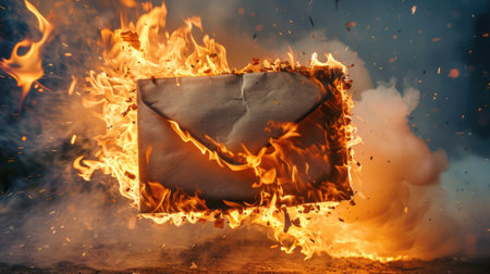 Envelope engulfed in flames as it races, suggesting urgency or rapid transmission.の素材